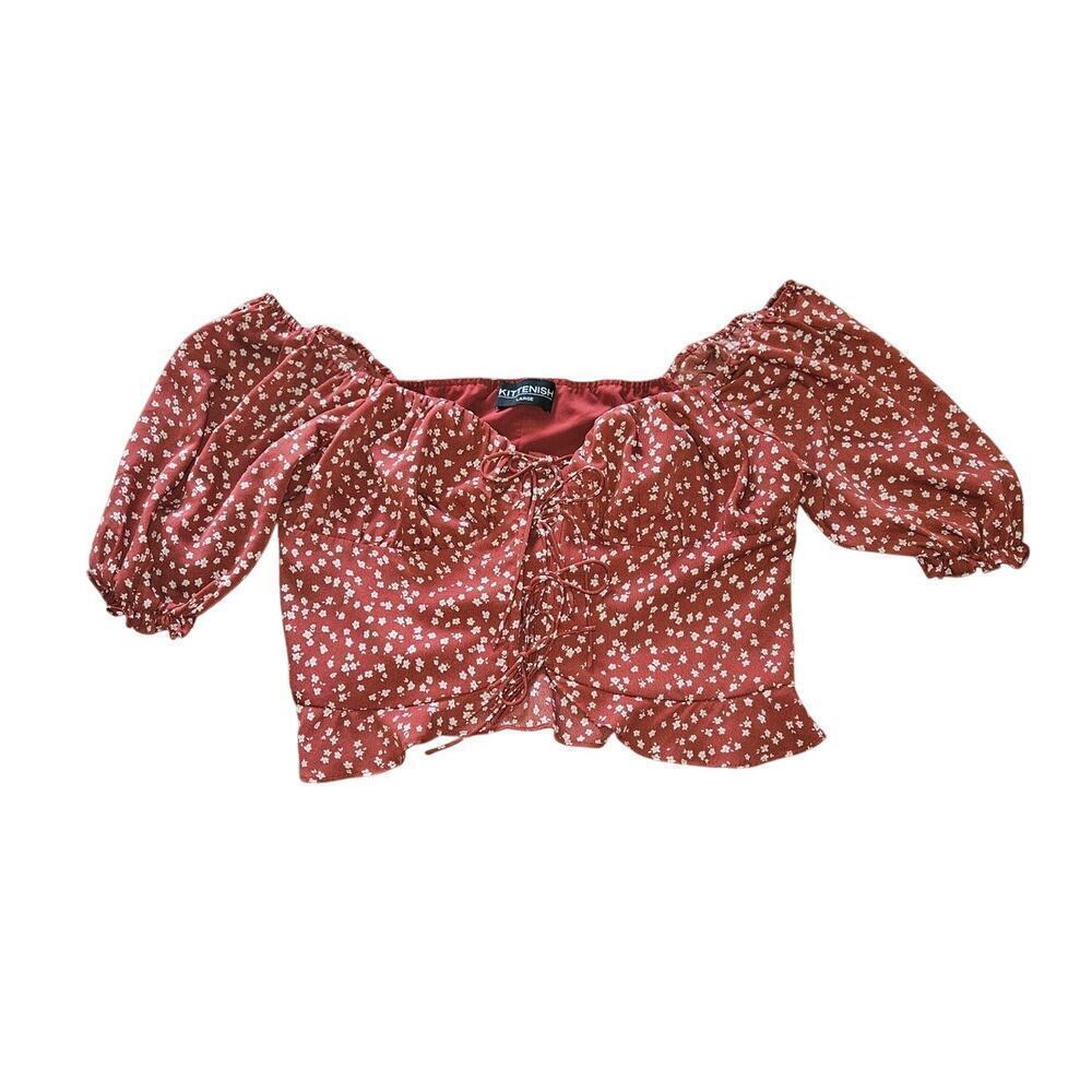 Floral Cropped Red Lace-up Off the Shoulder Puff Sleeves Womens Top Size Large - Picture 2 of 8